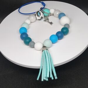 Blue and White Beaded Bracelet with Tassel